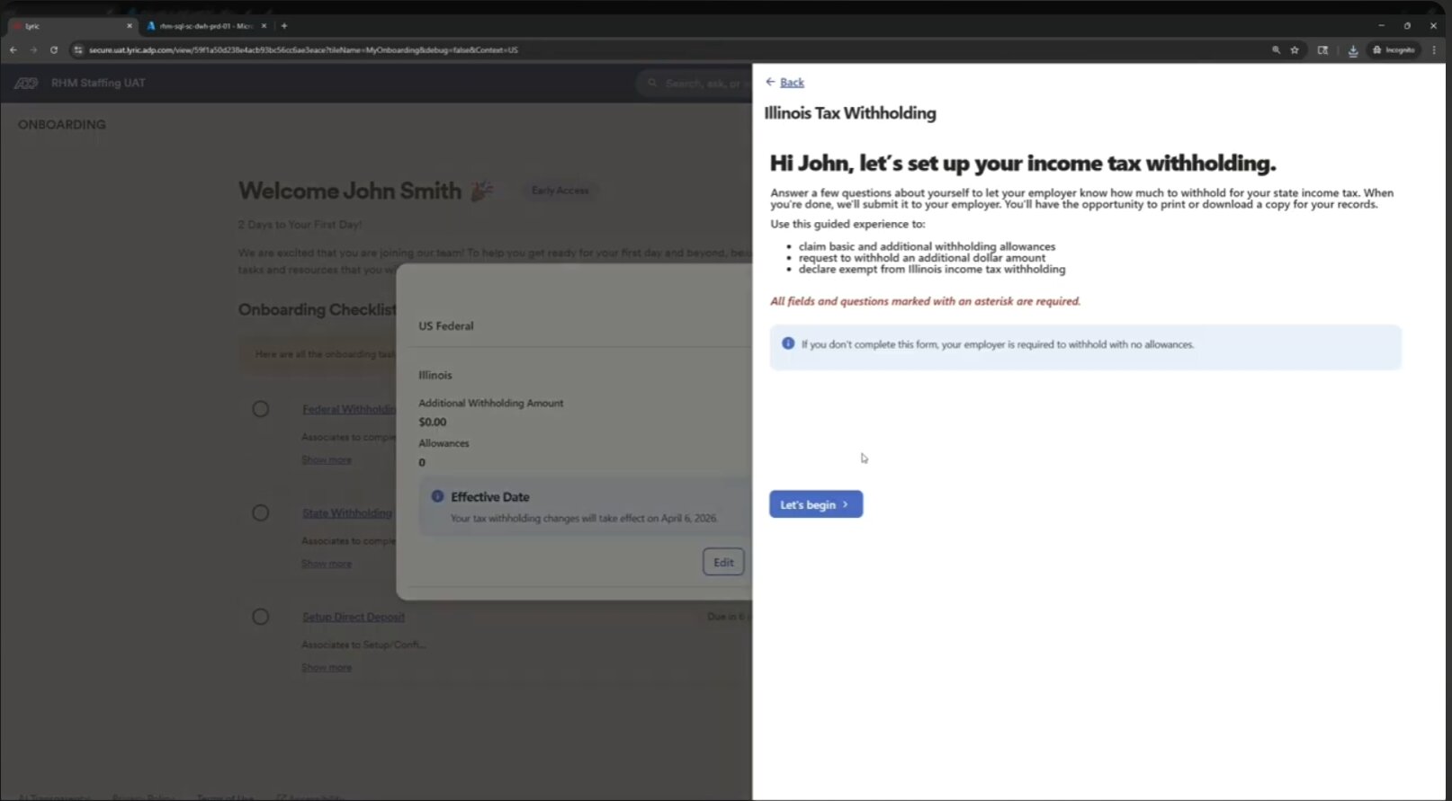 The ADP Lyric tax withholding screen for Illinois that pops up during onboarding.