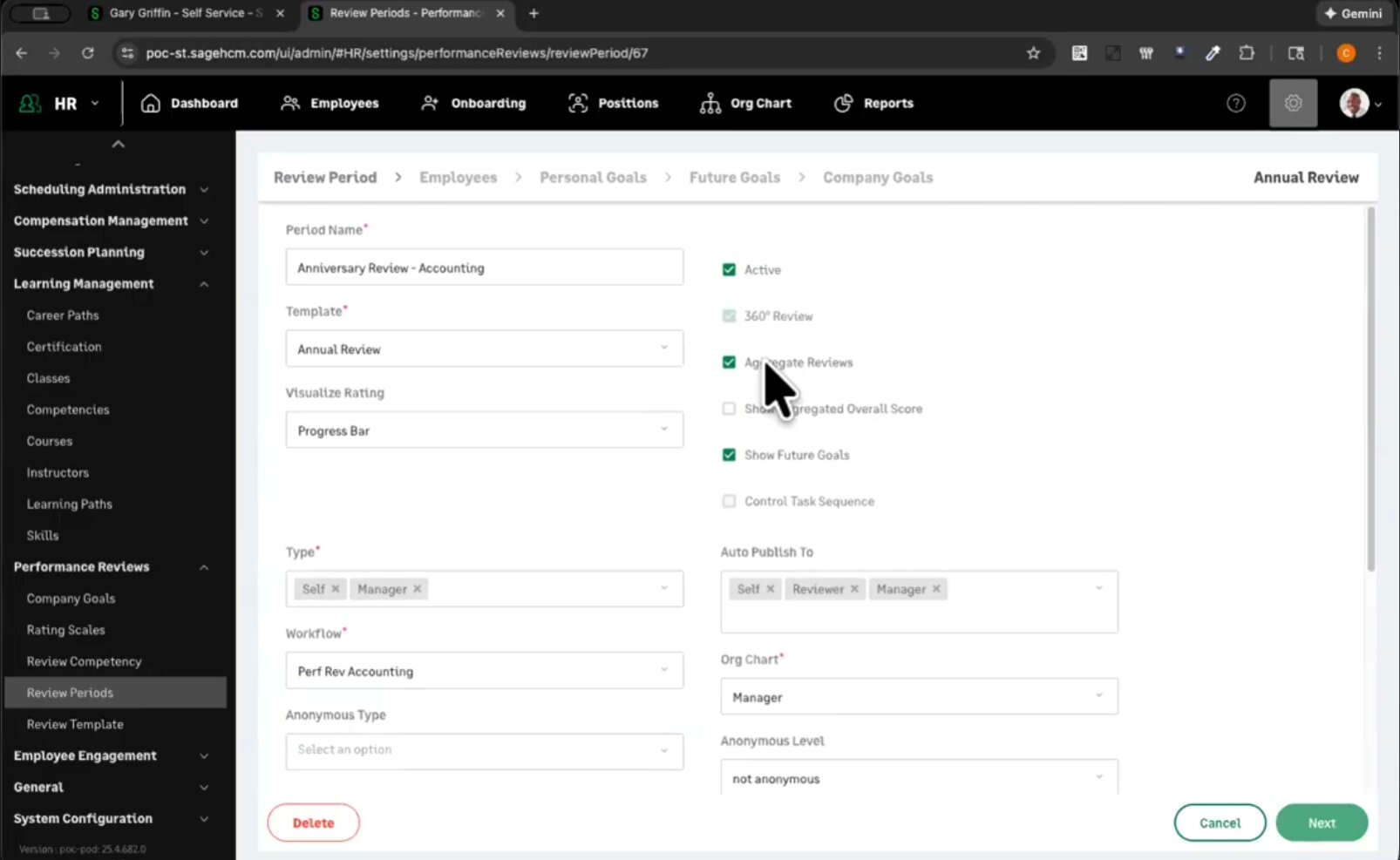 Sage HCM's reviews tab featuring the review period options as well as manager or self-assignments, autopublish options and org chart level