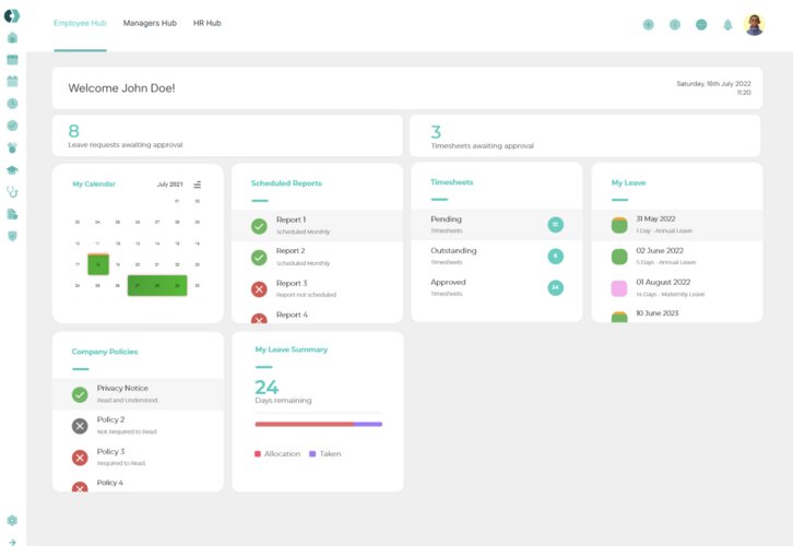The dashboard features tabs for HR, manager, and employee hubs. The employee hub contains approval requests and a schedule overview.